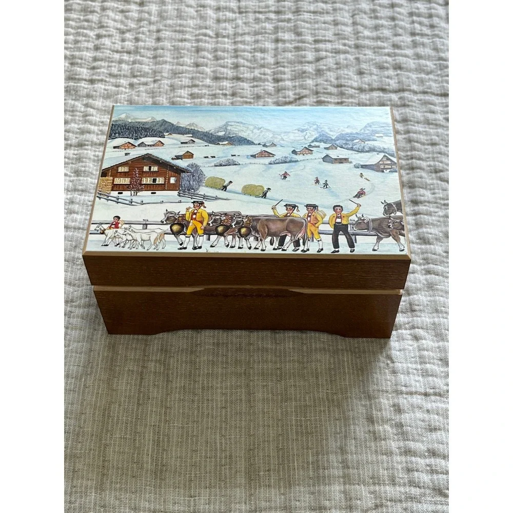 Jobin of Switzerland Wooden Music Box Swiss Alpine Winter Scene Min Vater isch